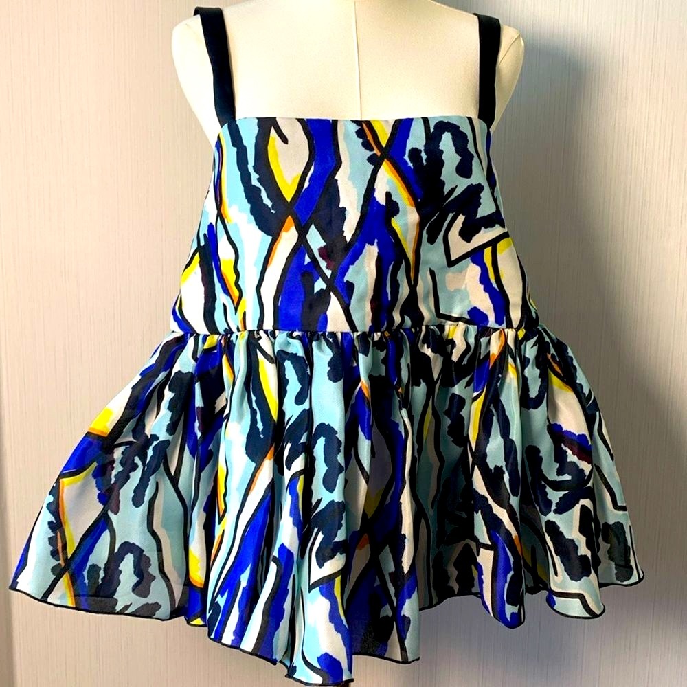 Ellery silk printed ruffle embellishment sleeveless blouse with square neck